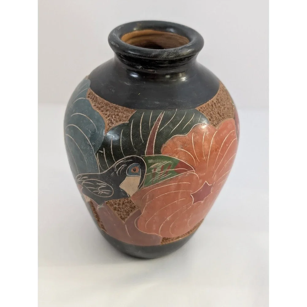 Vintage Folk Art Pottery Vase Bird Butterfly Flowers Black Clay Sgraffito